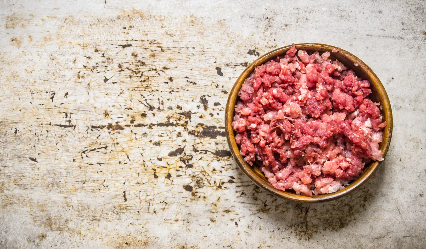A bowl of fresh pet mince prepared for healthy pets